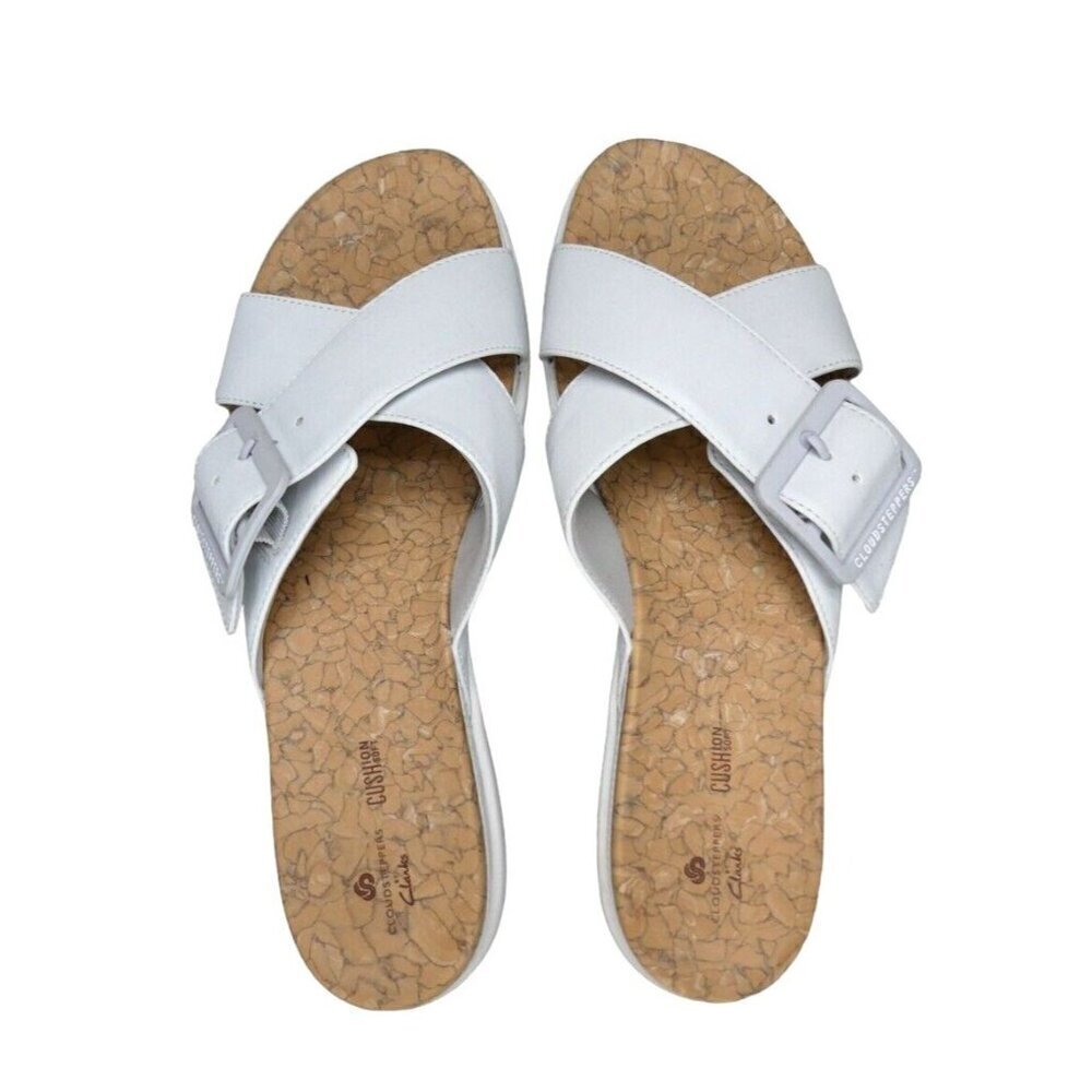 Clarks White Crossover Buckle Slide Sandals